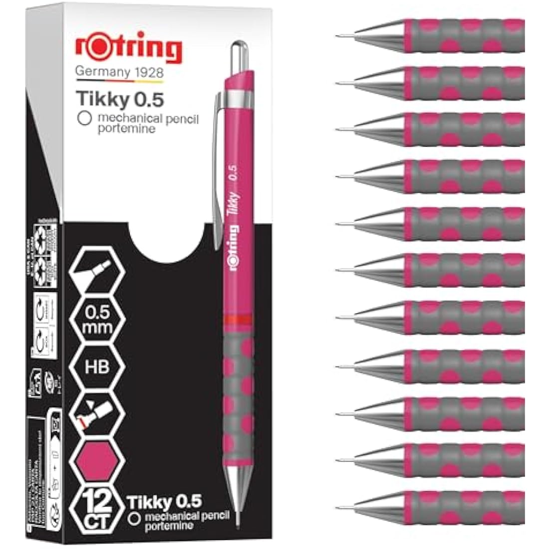 rOtring Tikky Mechanical Pencil - 0.5 mm HB Lead, Magenta, 12 Count