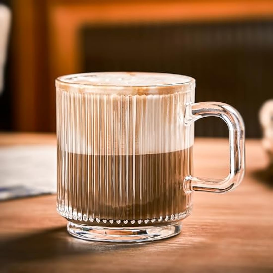 Glass Coffee Mugs – 6 Pack Striped 340ml Tea Cup Set