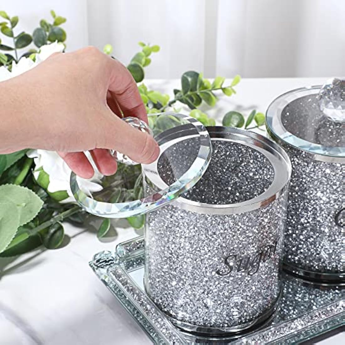 Jolof Store Crushed Diamond Glass Kitchen Canisters with Tray - Set of 4