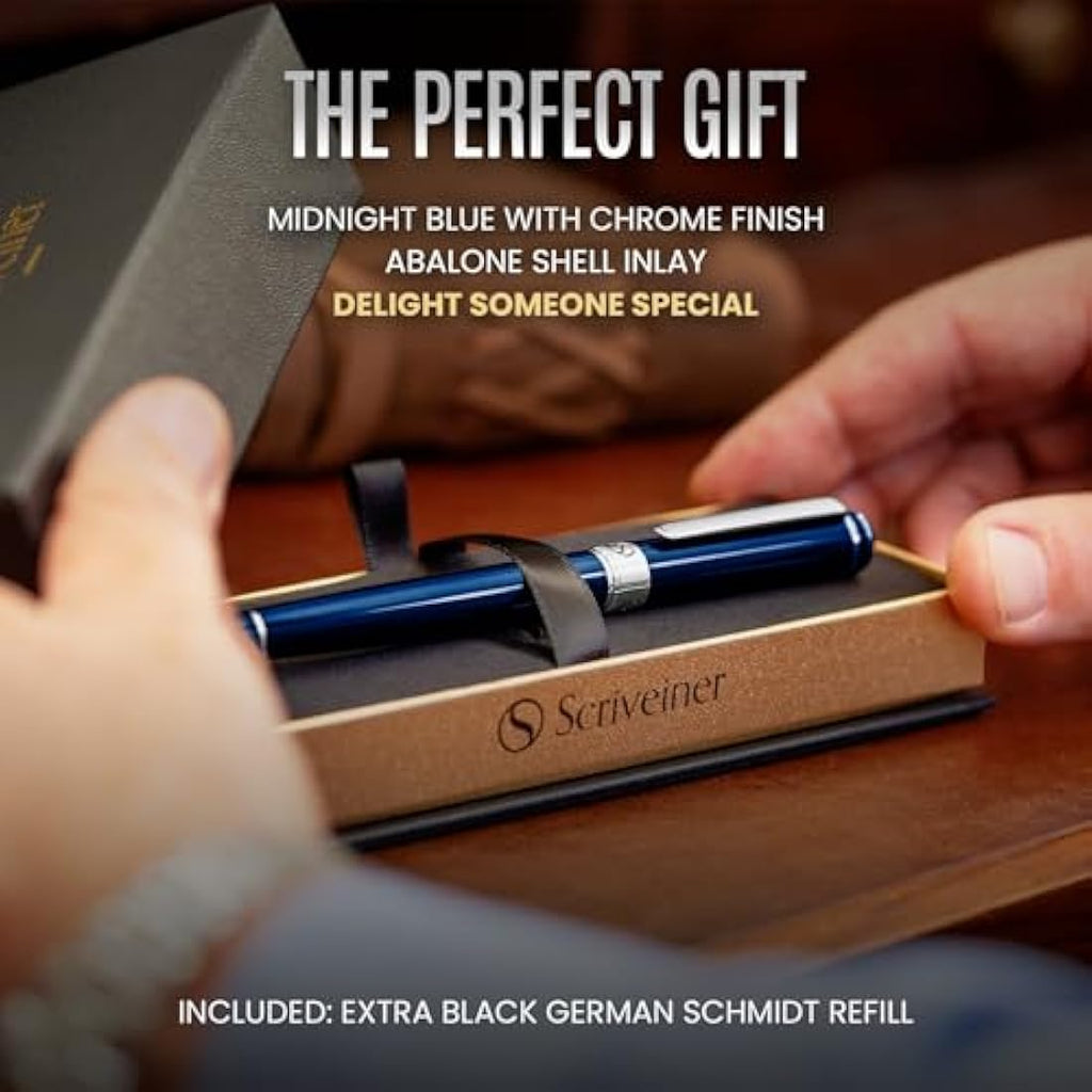 Scriveiner Midnight Blue Rollerball Pen – Luxury Chrome Trim Writing Pen