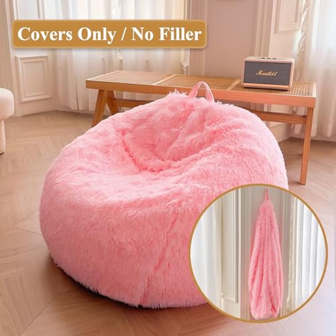 XeGe Faux Fur Bean Bag Cover – Fluffy Plush Stuffed Animal Storage, Pink