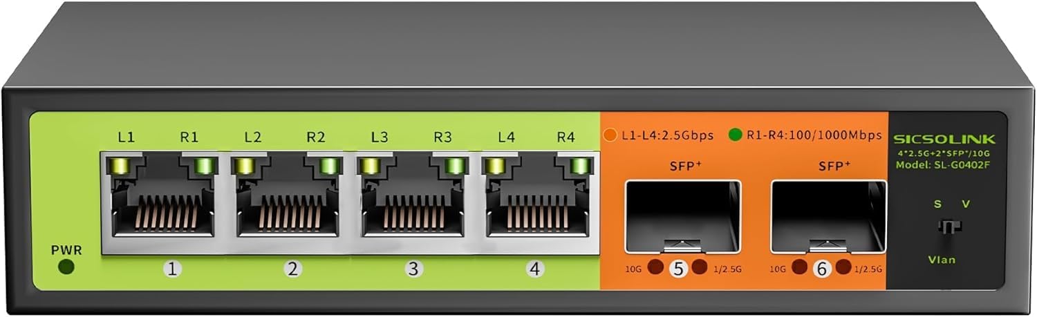 SICSOLINK 6 Port 2.5G Network Switch | 4x2.5G RJ45 & 2x10G SFP+ Fanless