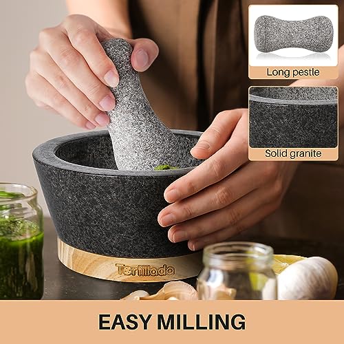Tortillada Granite Mortar and Pestle Set – 16cm Spice Grinder with Wood Base