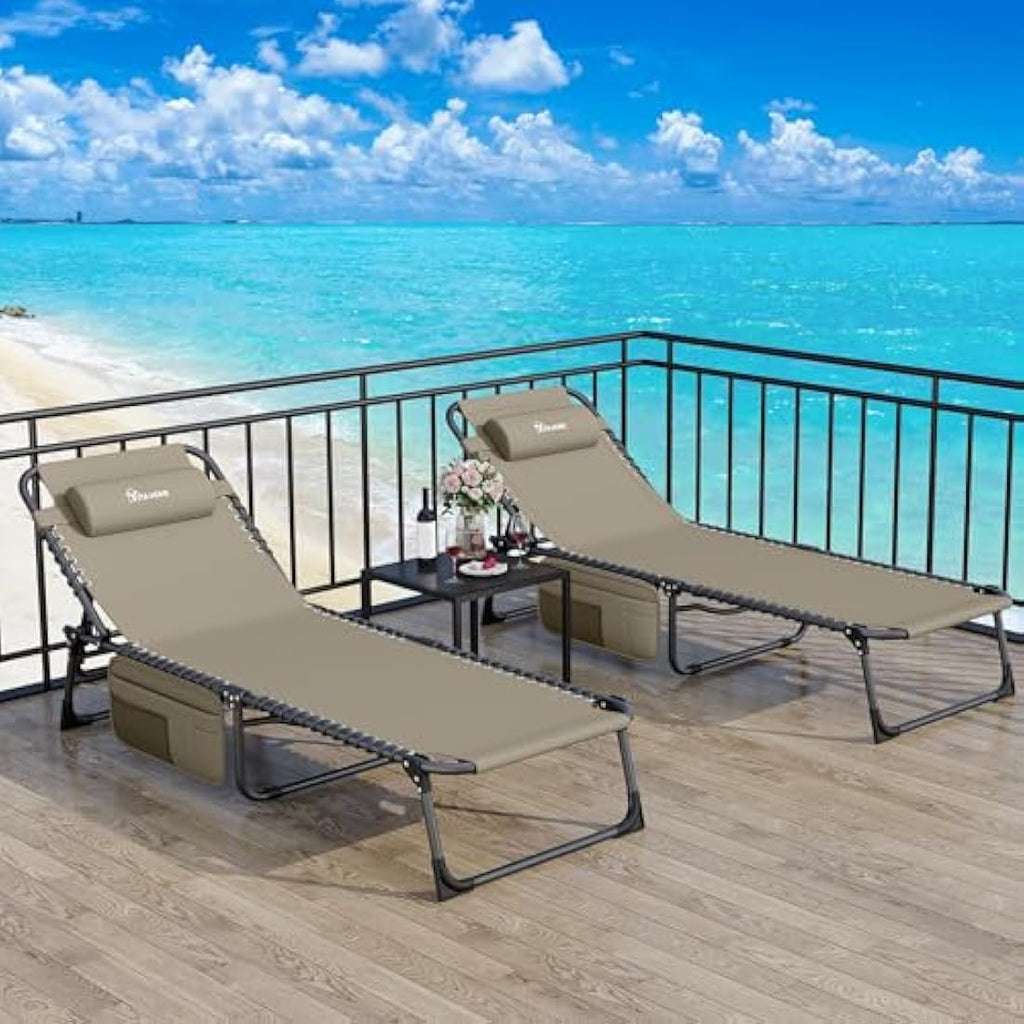 YITAHOME Folding Sun Lounger Set of 2 | 4-Position Adjustable – Khaki