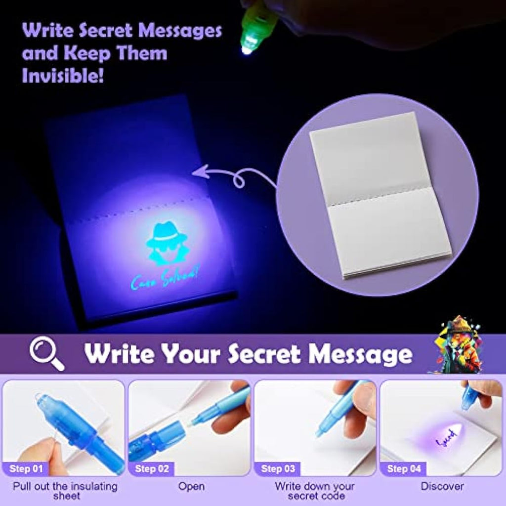 DazSpirit 16 Pack Invisible Ink Spy Pens with UV Light and Notebooks