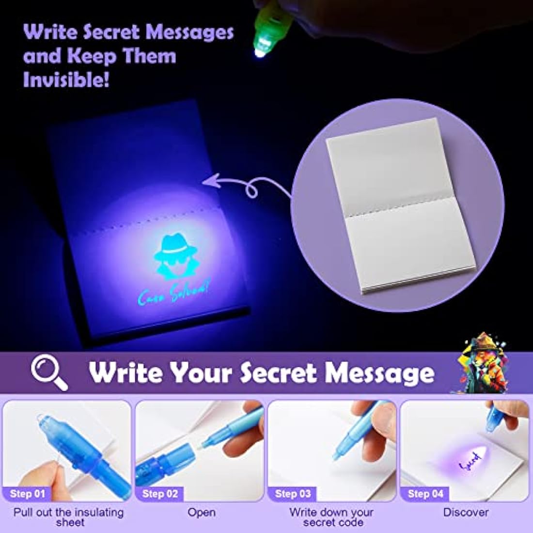 DazSpirit 16 Pack Invisible Ink Spy Pens with UV Light and Notebooks