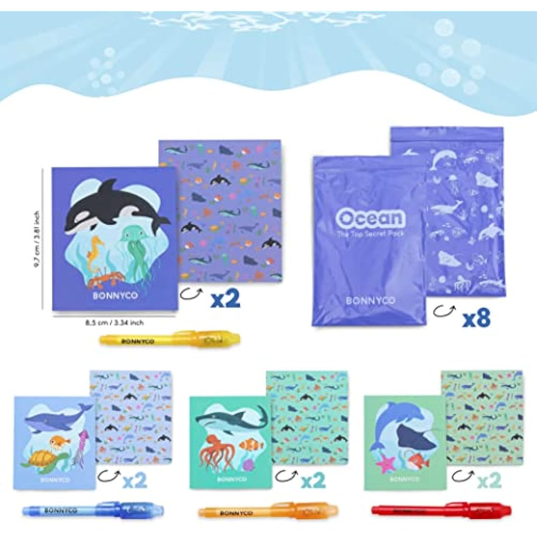BONNYCO Invisible Ink Pen and Notebook Set - 8 Pack Sea Animal Party Favors