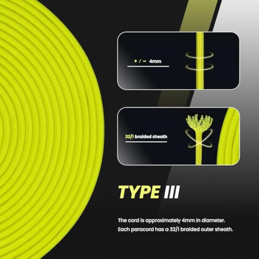 Abma Cord 4mm Type III Nylon Paracord – 100m 9-Strand Rope, Neon Yellow