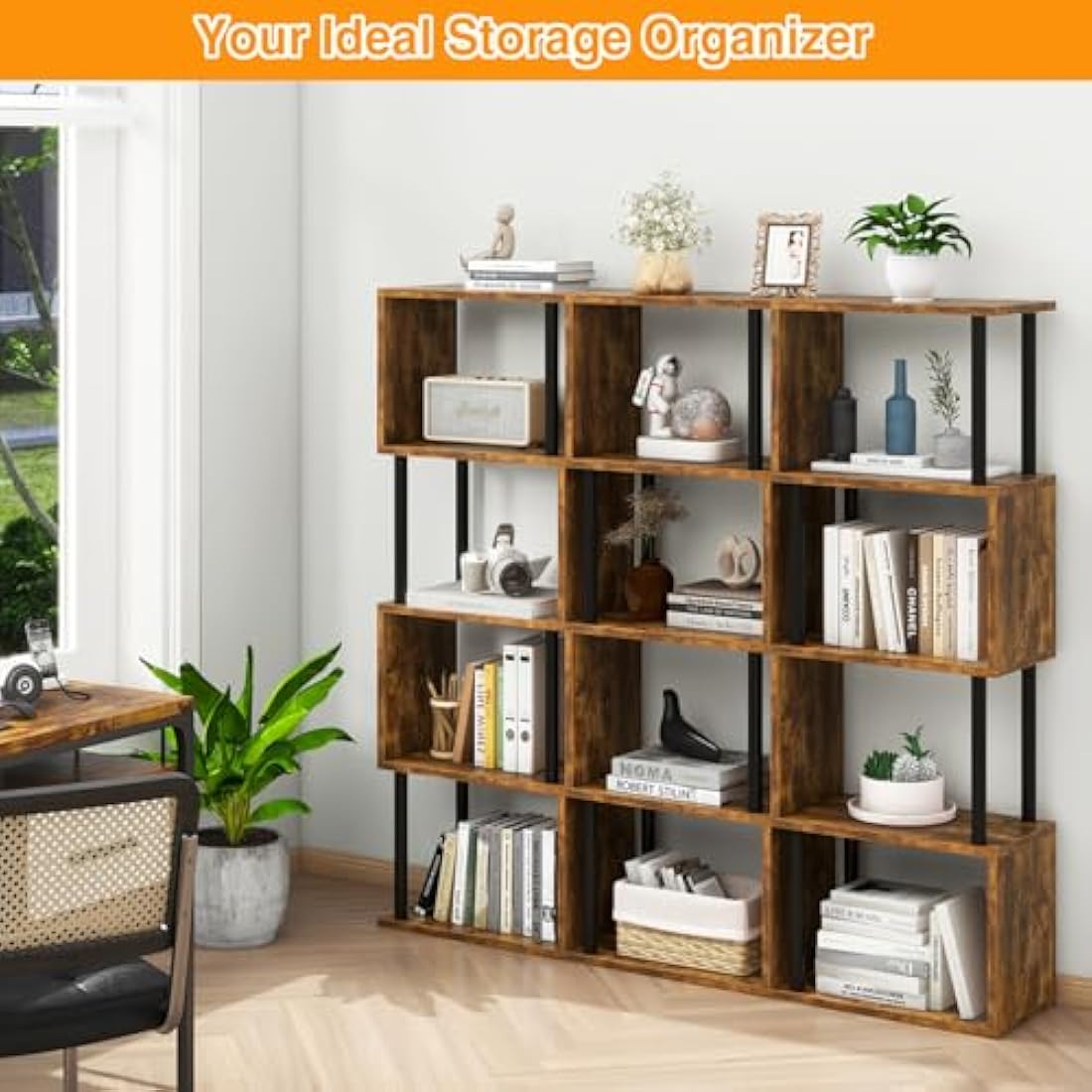 S-Shaped 5-Tier Tall Bookshelf | Rustic Brown Wood Bookcase