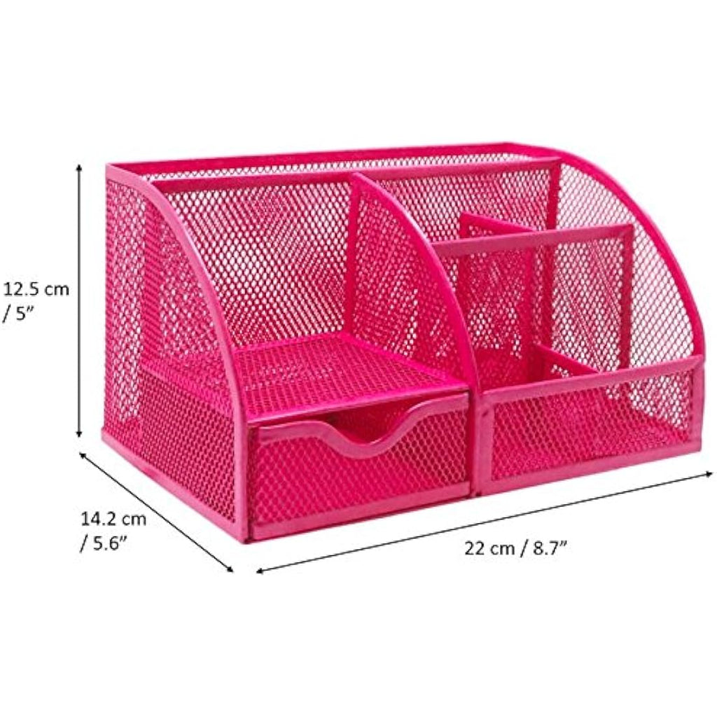 Exerz Mesh Desk Organiser – 7 Compartment Metal Office Caddy, Pink