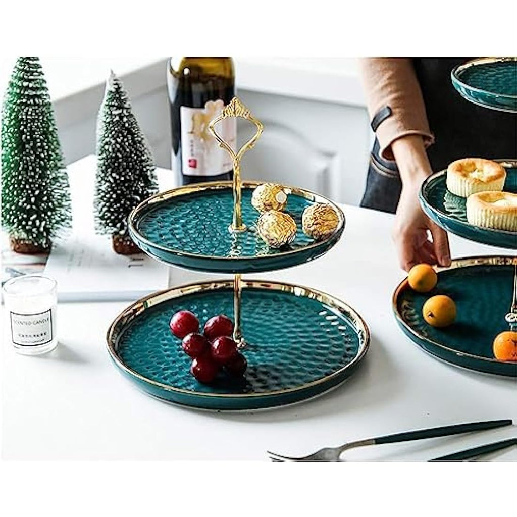 MEETOZ 2-Set Round Porcelain Tiered Cupcake Stand with Gold Rod - Green
