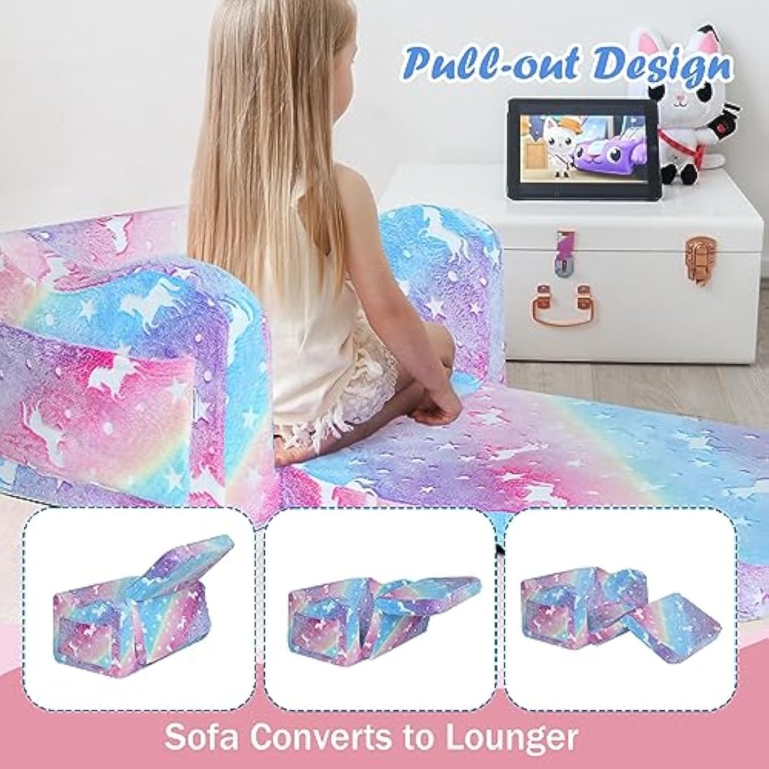 MeMoreCool Kids Folding Sofa Bed – Glow in The Dark Plush Toddler Couch