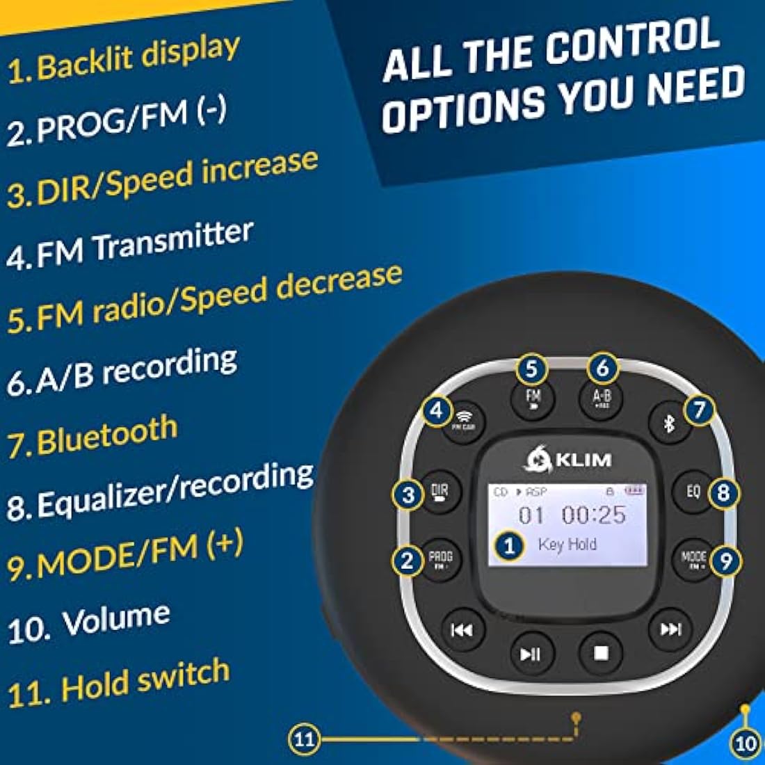 KLIM Journey Portable CD Player – Bluetooth, FM Transmitter & Rechargeable