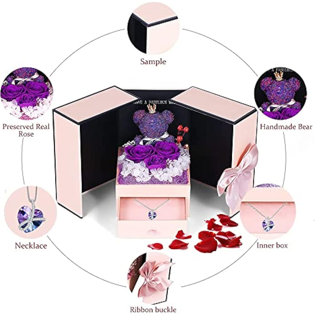 Preserved Purple Rose Moss Bear with Heart Crystal Necklace
