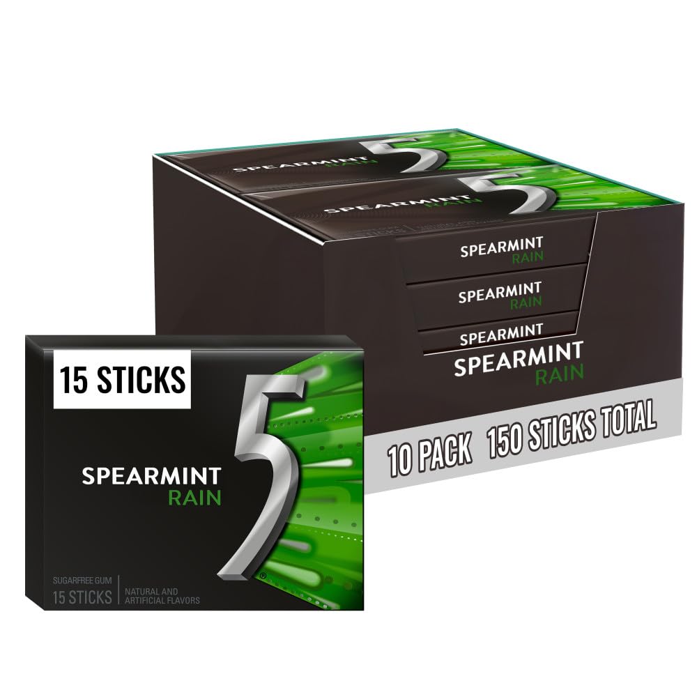 Wrigley's 5 Gum Rain Spearmint Sugarfree Chewing Gum - 10 Packs of 15 Sticks