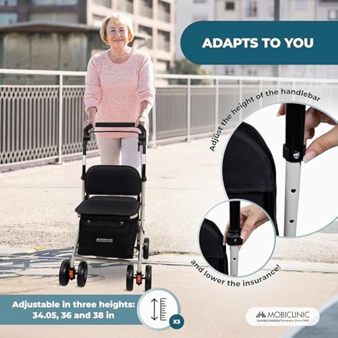 Mobiclinic Coliseo Shopping Trolley with Seat – Foldable 21L Rollator