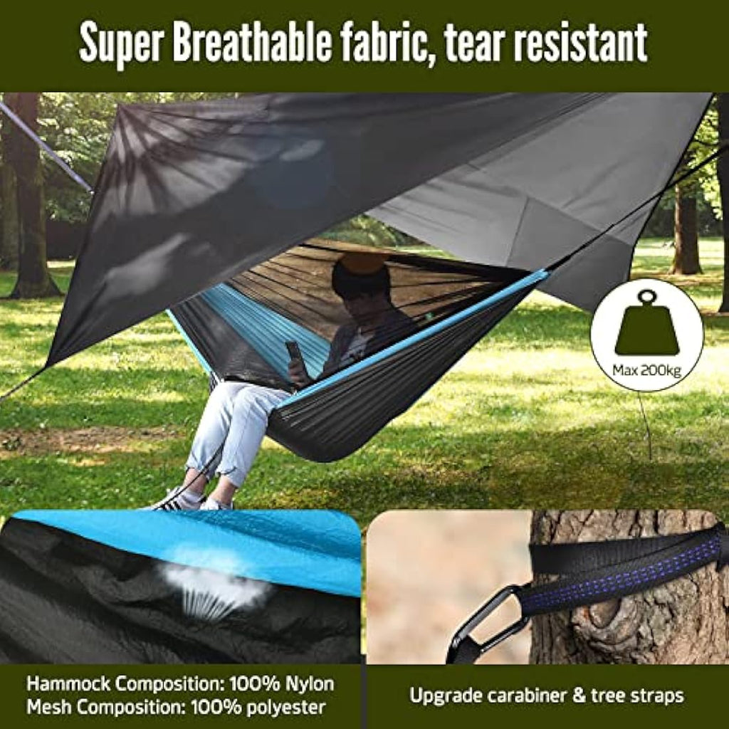 OTraki Camping Hammock with Mosquito Net and Rain Fly – Blue Grey Nylon