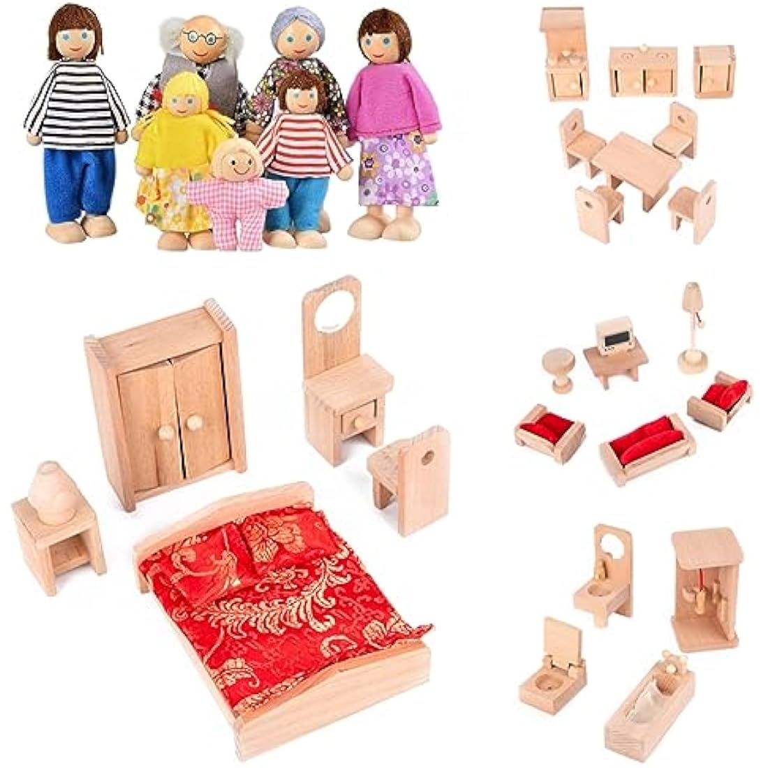 DecoBay Wooden Dollhouse Furniture Set with 7 Family Dolls – 4 Rooms