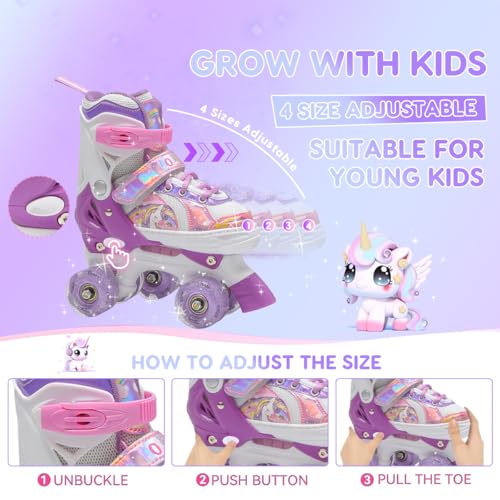 OLYSPM Kids Roller Skates – 4 Sizes Adjustable Quad Skates with LED Wheels