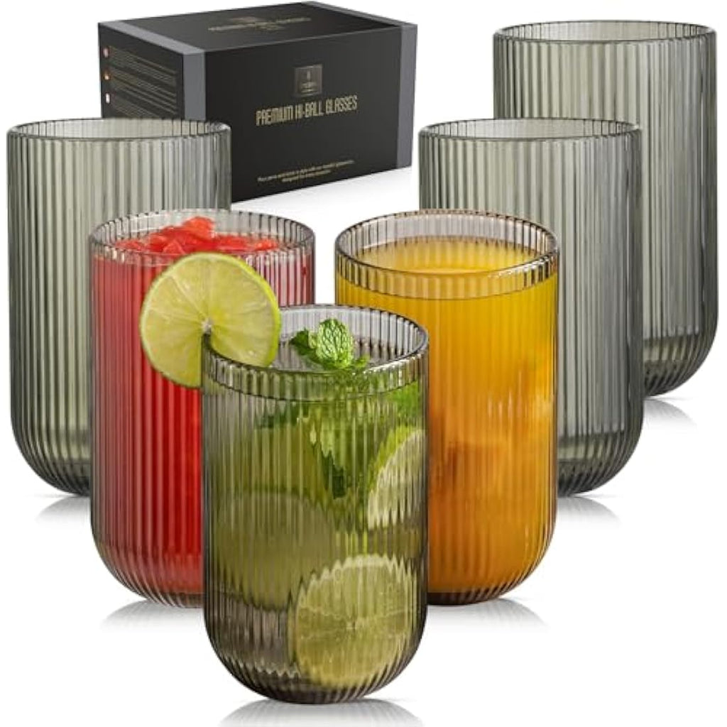 TKNO Ribbed Highball Glasses - 410ml Origami Style Fluted Tumblers, Set of 6