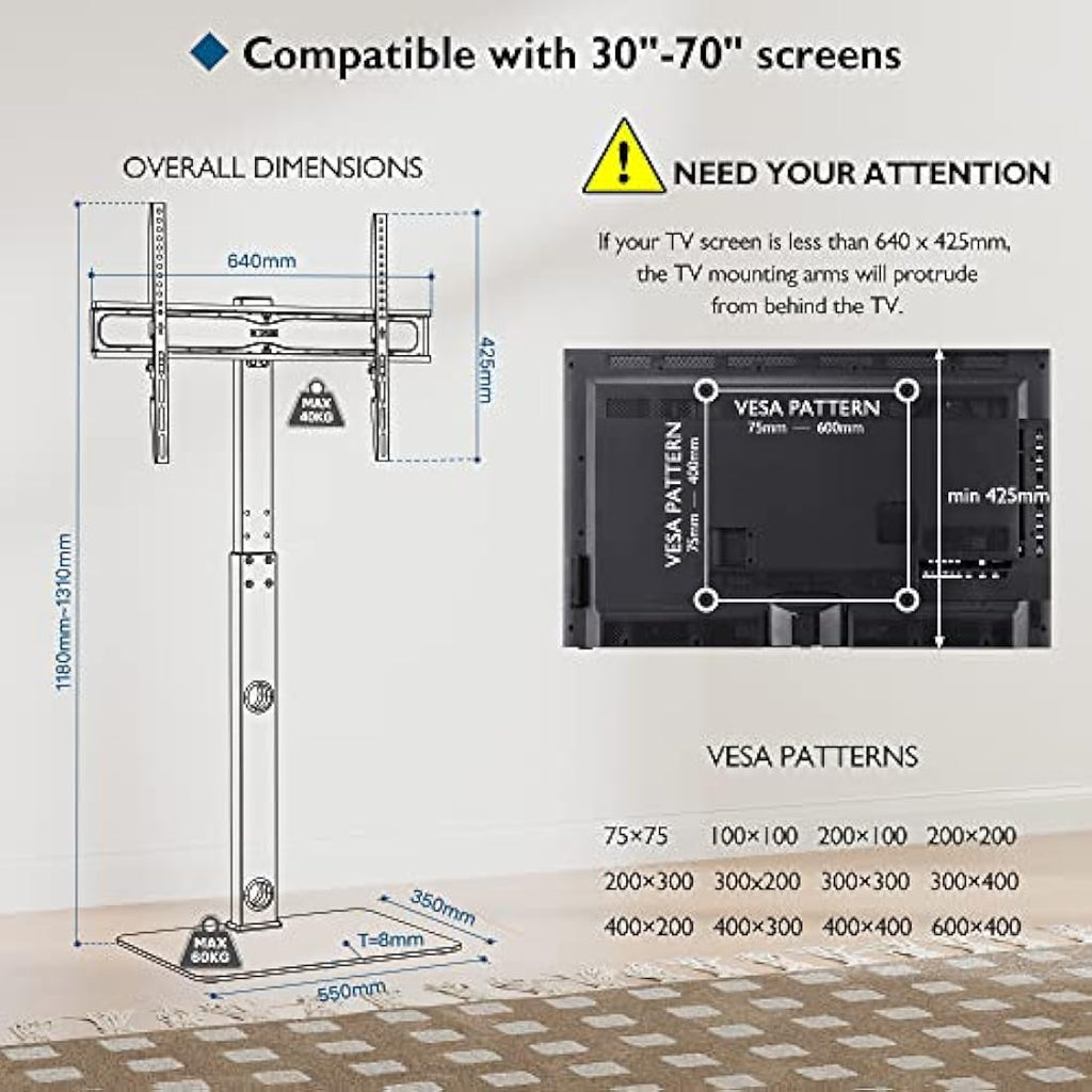 BONTEC TV Floor Stand for 30-70 inch TVs | Swivel & Height Adjustable