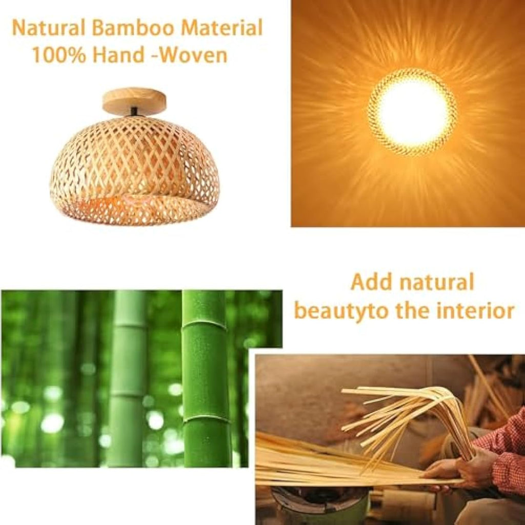 Schindora Rattan Ceiling Light – Handmade Boho Bamboo Flush Mount