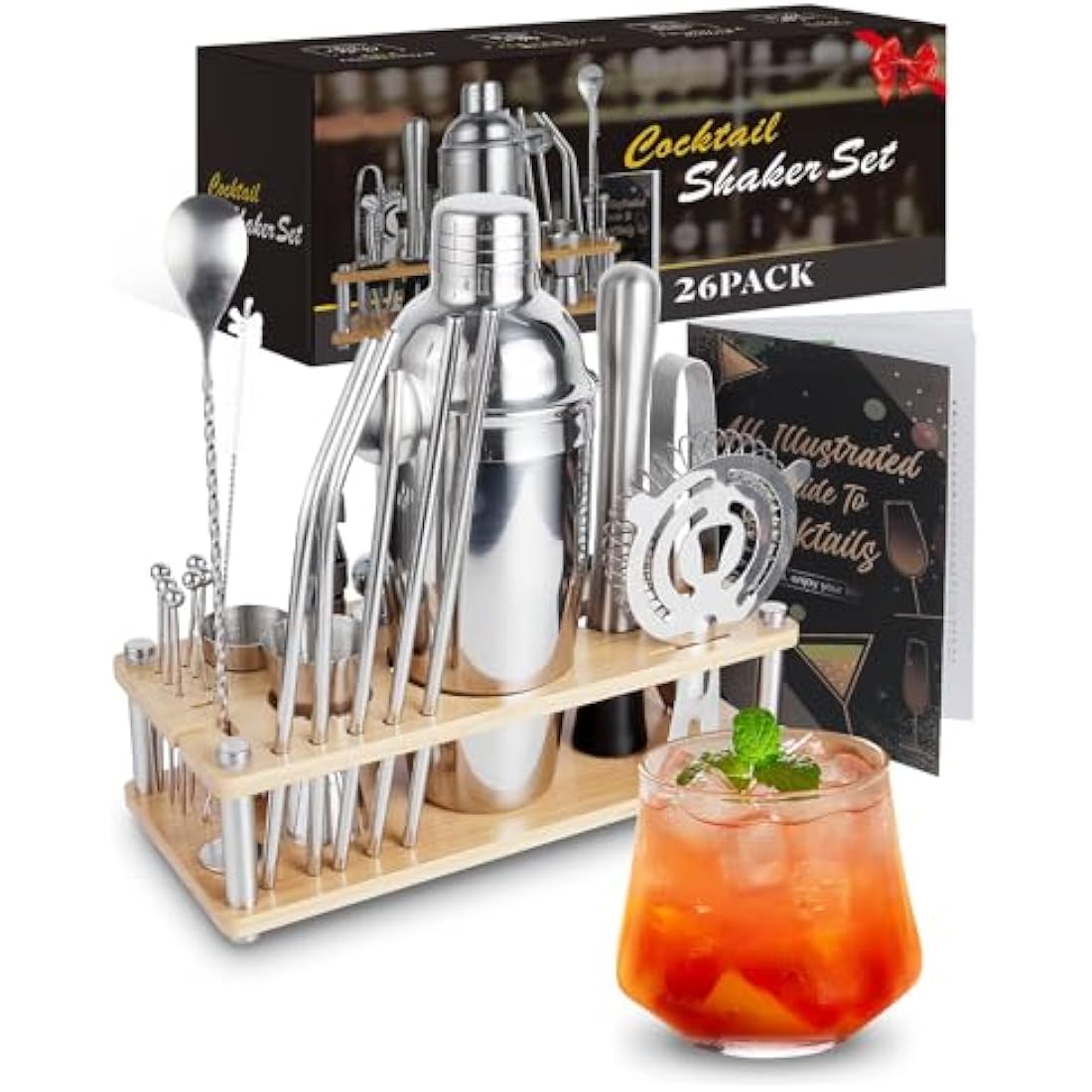 Trongle 26-Piece Cocktail Shaker Set | Stainless Steel Kit with Wood Stand