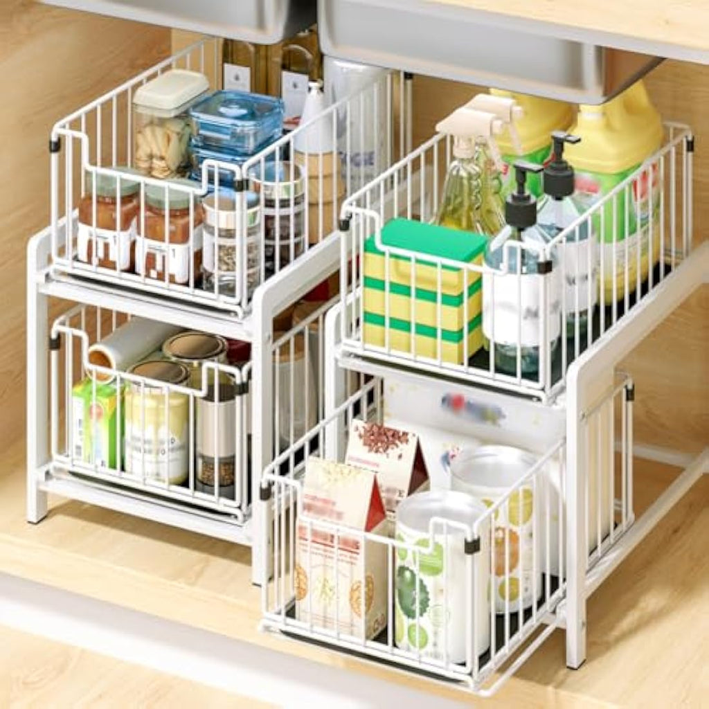 YunNasi Under Sink Storage – 2-Tier Pull Out Sliding Metal Cabinet Organiser