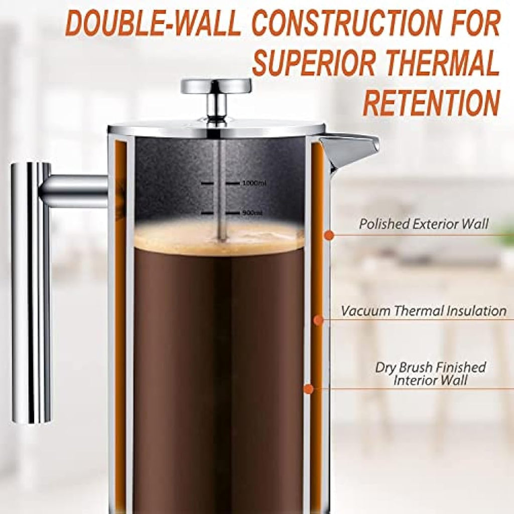 MaxMiuly French Press 1L – Double Wall Stainless Steel Coffee Maker