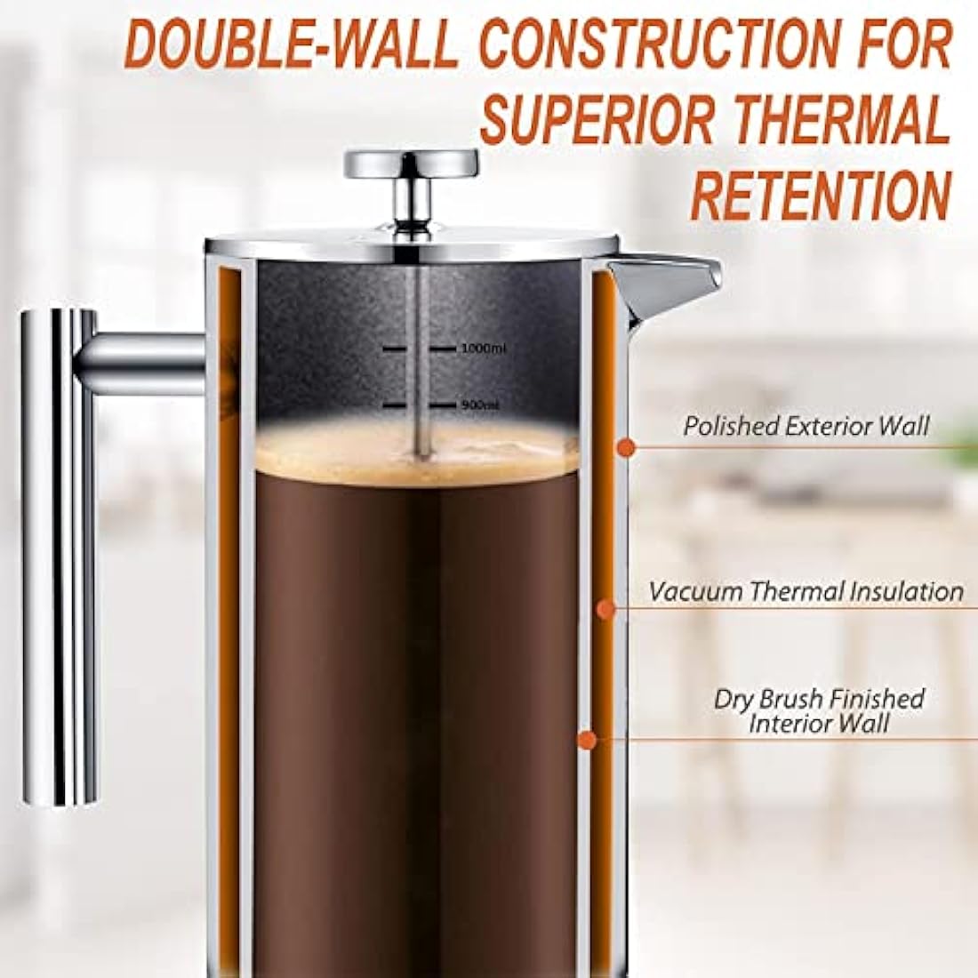 MaxMiuly French Press 1L – Double Wall Stainless Steel Coffee Maker