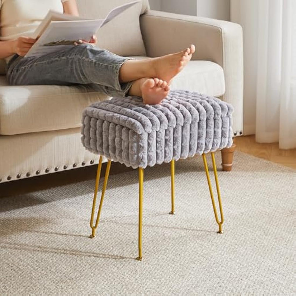 IBUYKE Grey Vanity Stool with Storage – Modern Ottoman Footrest Chair