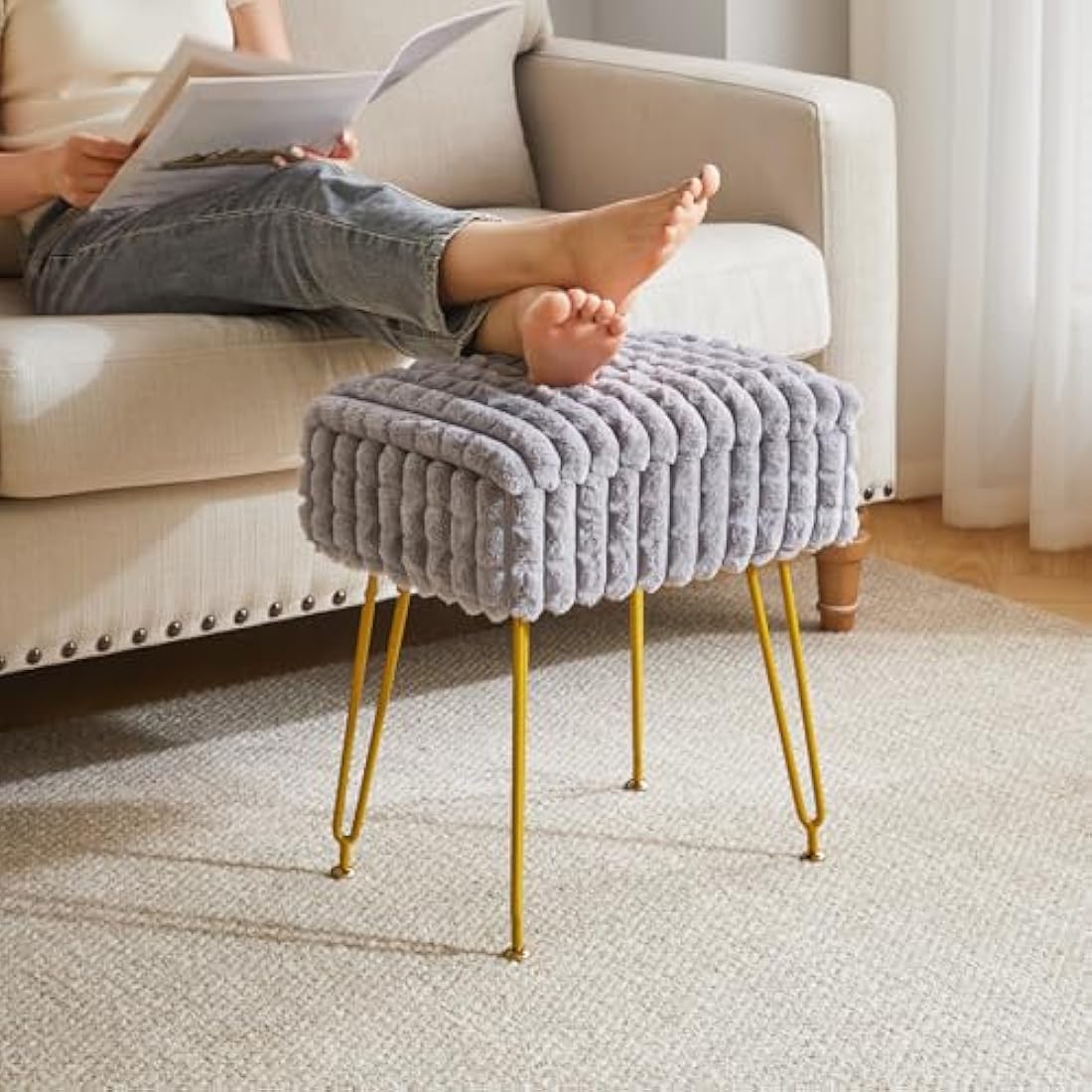 IBUYKE Grey Vanity Stool with Storage – Modern Ottoman Footrest Chair