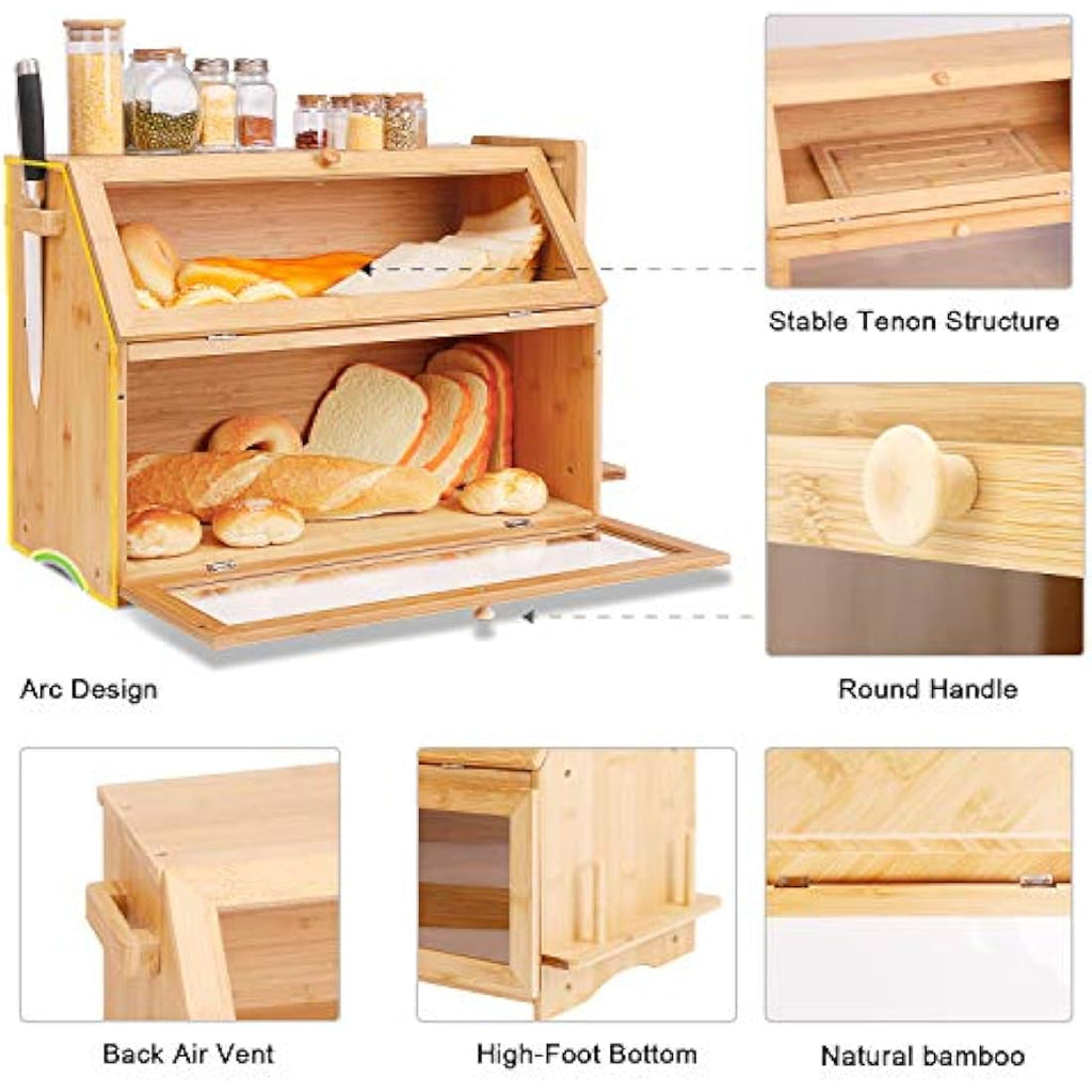 Large 2-Layer Bamboo Bread Box – Farmhouse Kitchen Bread Bin