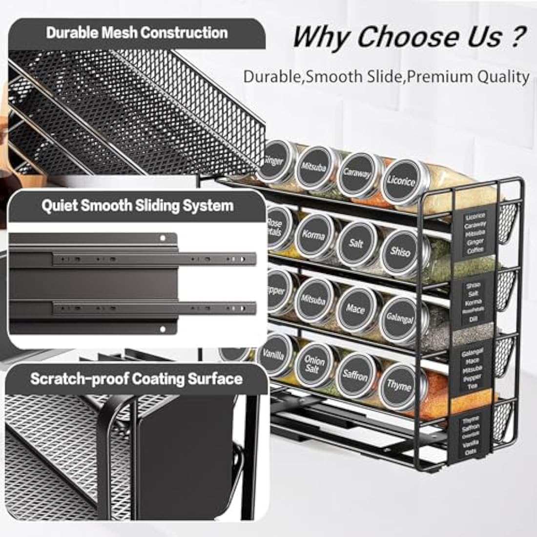 4-Tier Pull Out Spice Rack Organiser | Left Facing Carbon Steel