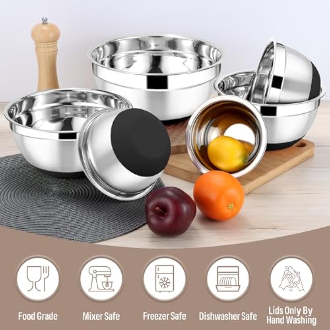 Onader Stainless Steel Mixing Bowls Set - 6-Piece with Lids and Graters