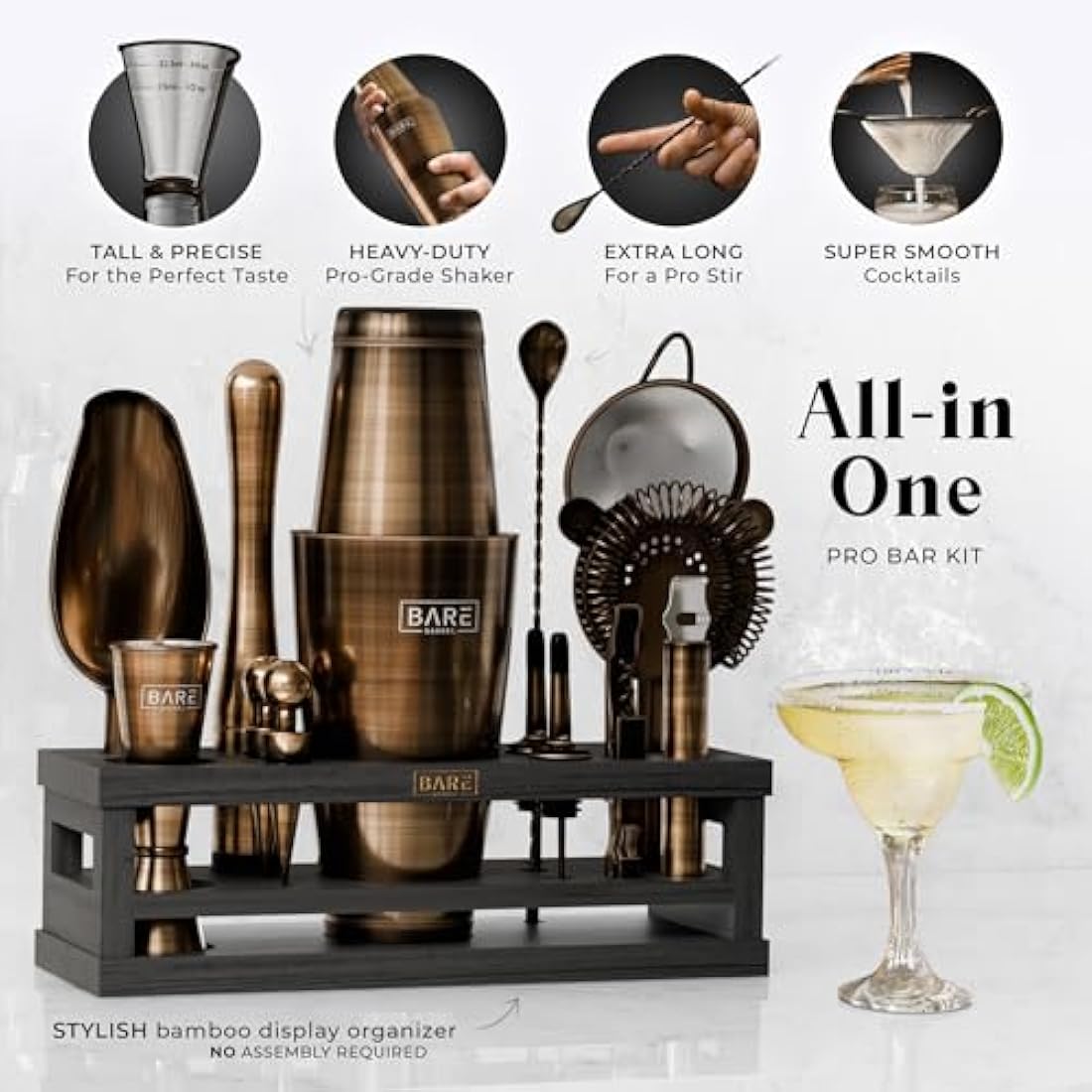 Bare Barrel 16-Piece Cocktail Making Kit | Brass & Black Boston Shaker