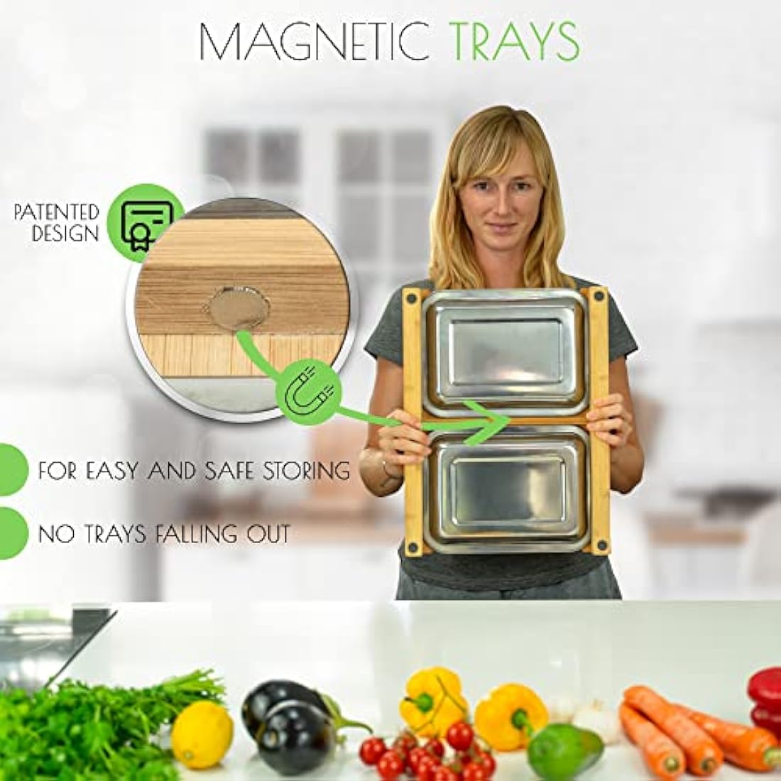 Naturlik Bamboo Chopping Board with 2 Magnetic Stainless Steel Trays