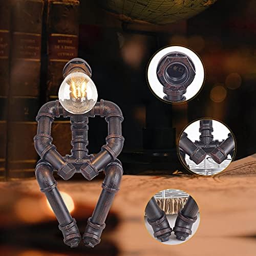 Kaj Hejmo Steampunk Robot Water Pipe Table Lamp – Retro Iron Desk Light