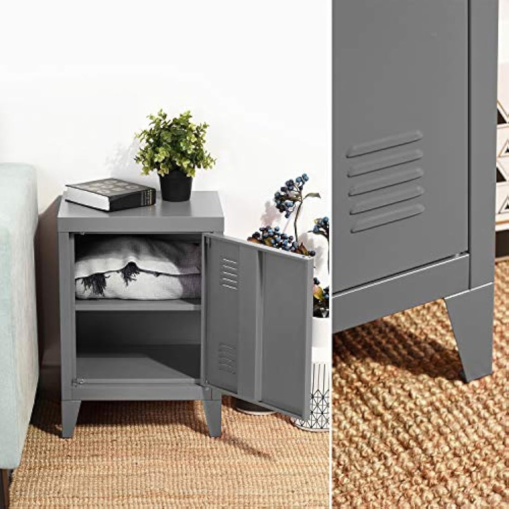 Homybec Small Metal Cabinet | 2-Tier Industrial Bedside Nightstand - Grey
