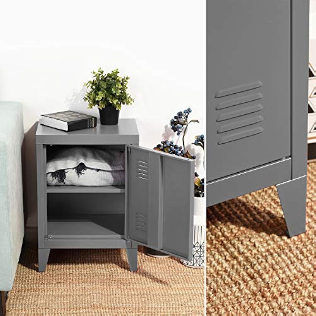 Homybec Small Metal Cabinet | 2-Tier Industrial Bedside Nightstand - Grey