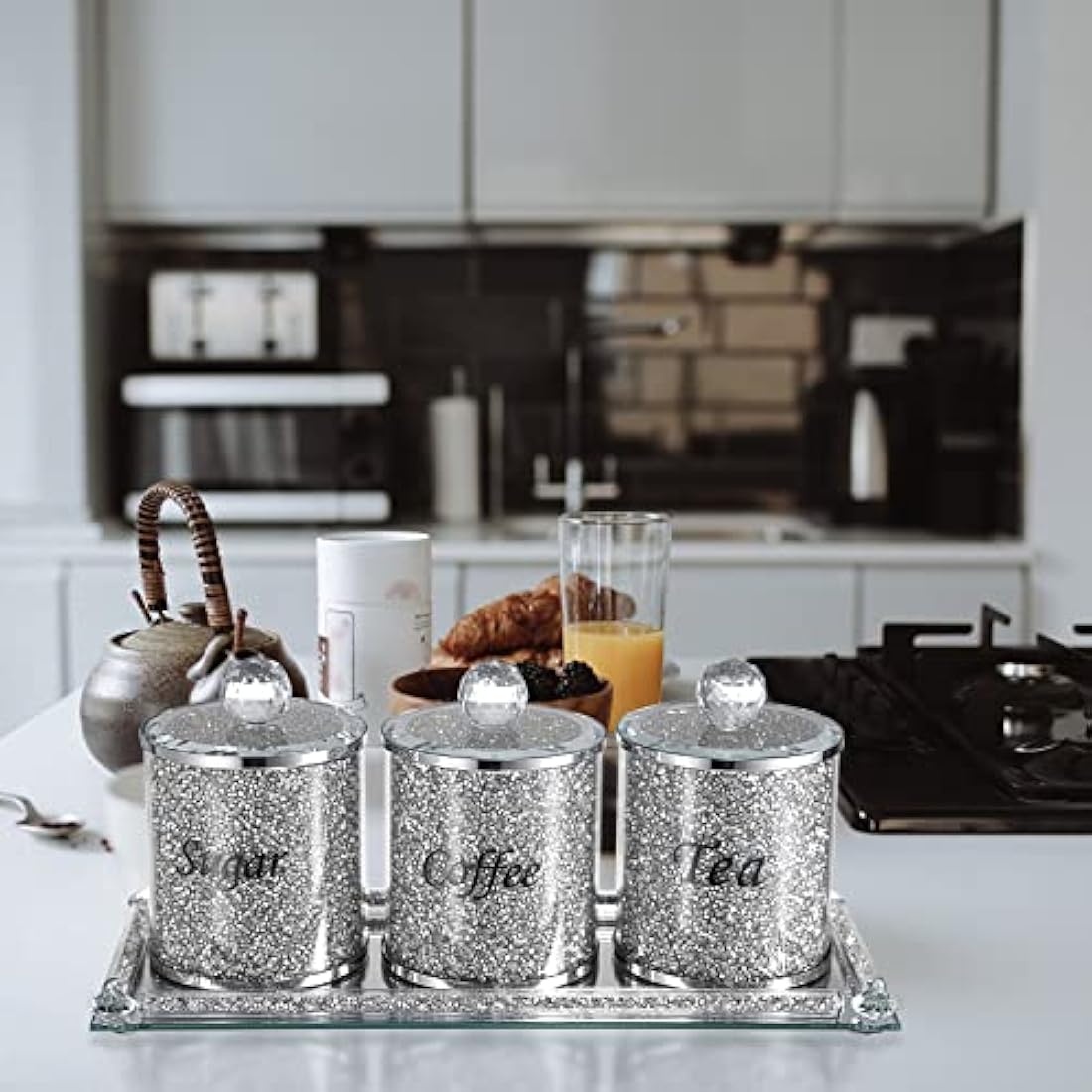 Jolof Store Crushed Diamond Glass Kitchen Canisters with Tray - Set of 4