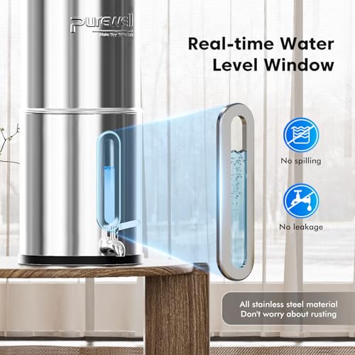Purewell 8.5L Gravity Water Filter - Stainless Steel with Fluoride Filters