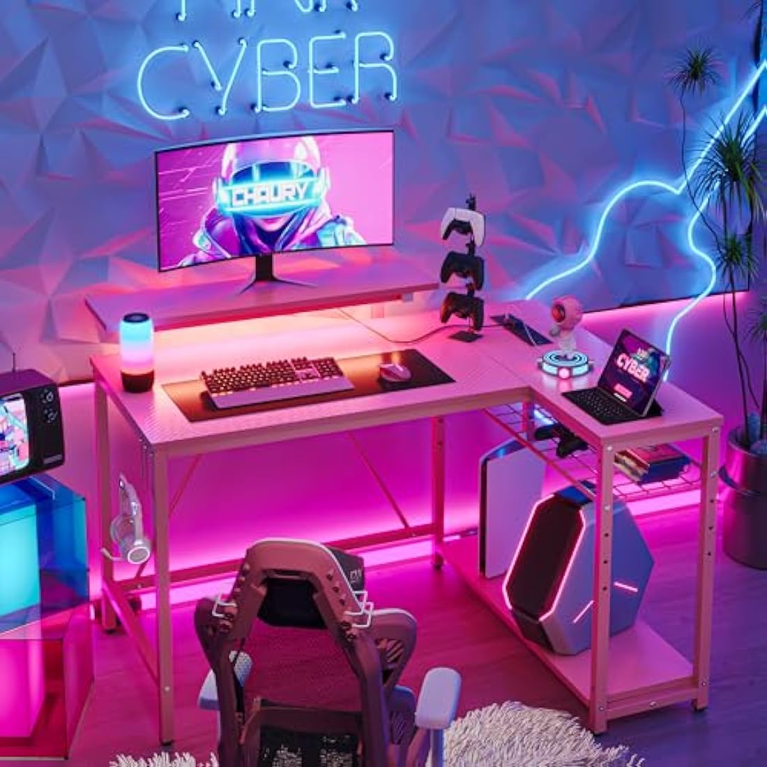 Bestier Pink L-Shaped Gaming Desk with LED Lights and Power Outlets