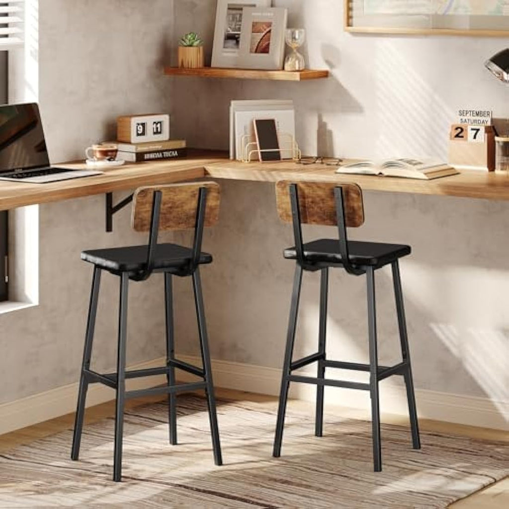 HOOBRO Industrial Bar Stools Set of 2 | PU Upholstered Rustic Brown