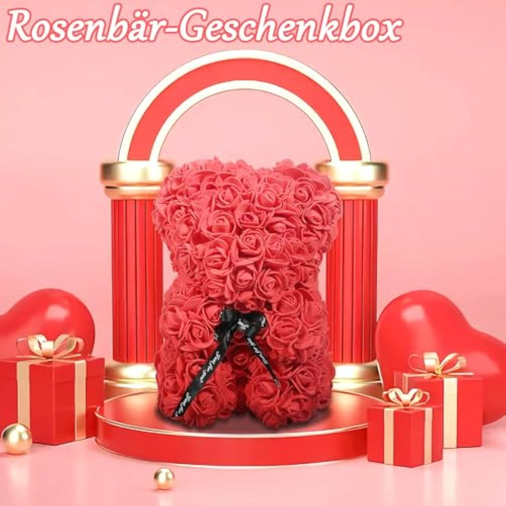 Pink Rose Bear - 10" Handcrafted Floral Teddy Bear with Gift Box