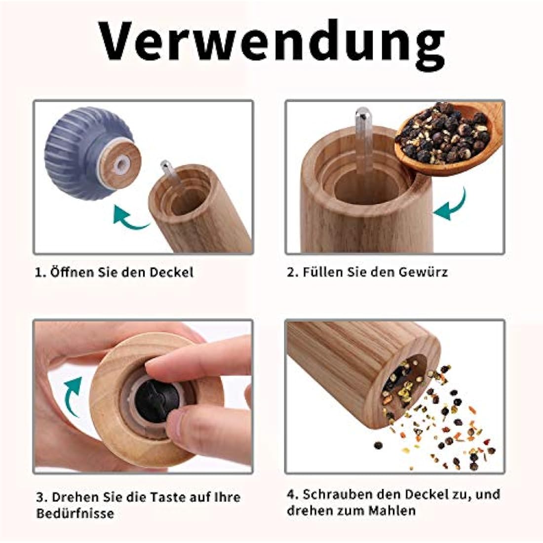 HAIPUSEN Wood and Ceramic Salt and Pepper Mill Set with Tray - 17.5cm