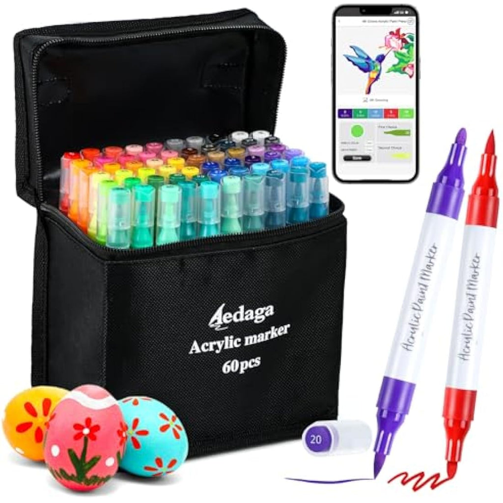 60 Color Dual Tip Acrylic Paint Pens with Drawing App