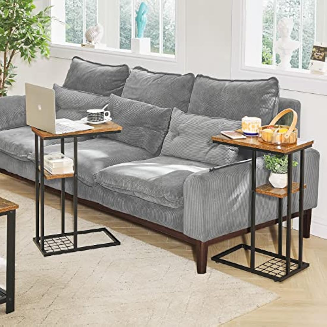 Jolof Store C-Shaped End Table Set of 2 | Industrial Side Table, Rustic Brown