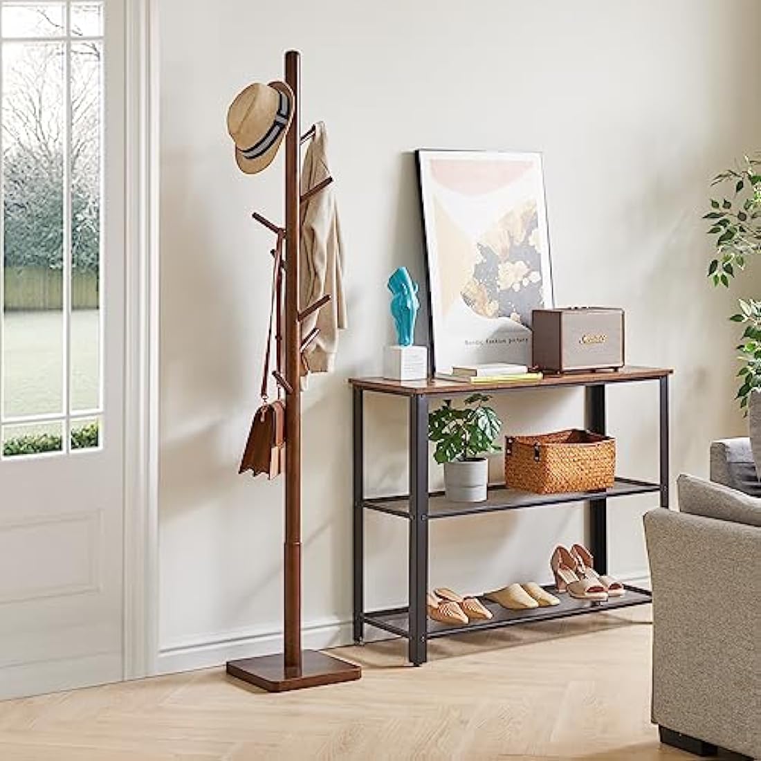 YMYNY Wooden Coat Rack Stand – 8 Hooks Height Adjustable Hall Tree