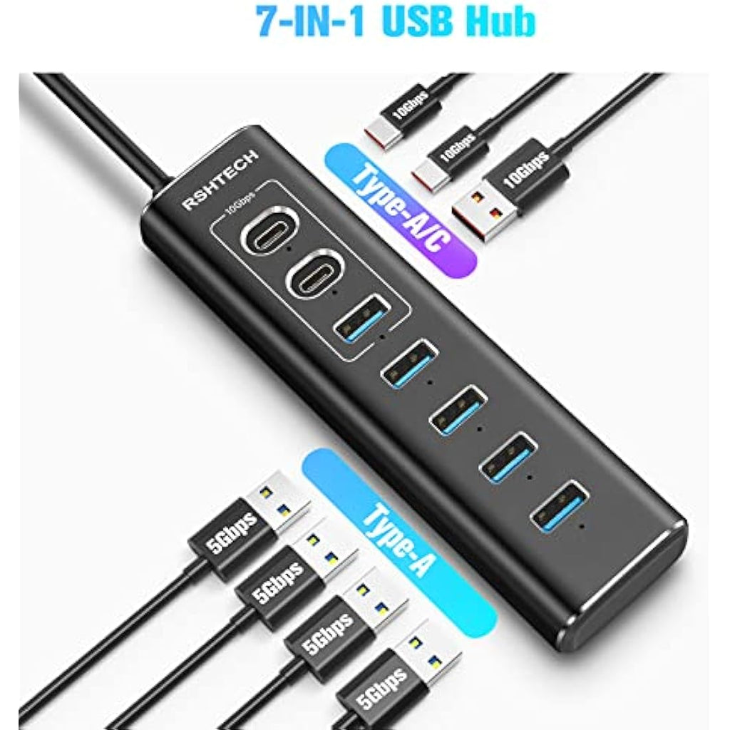 RSHTECH 7-Port Powered USB 3.1 Hub | 10Gbps Data Transfer & 24W Adapter